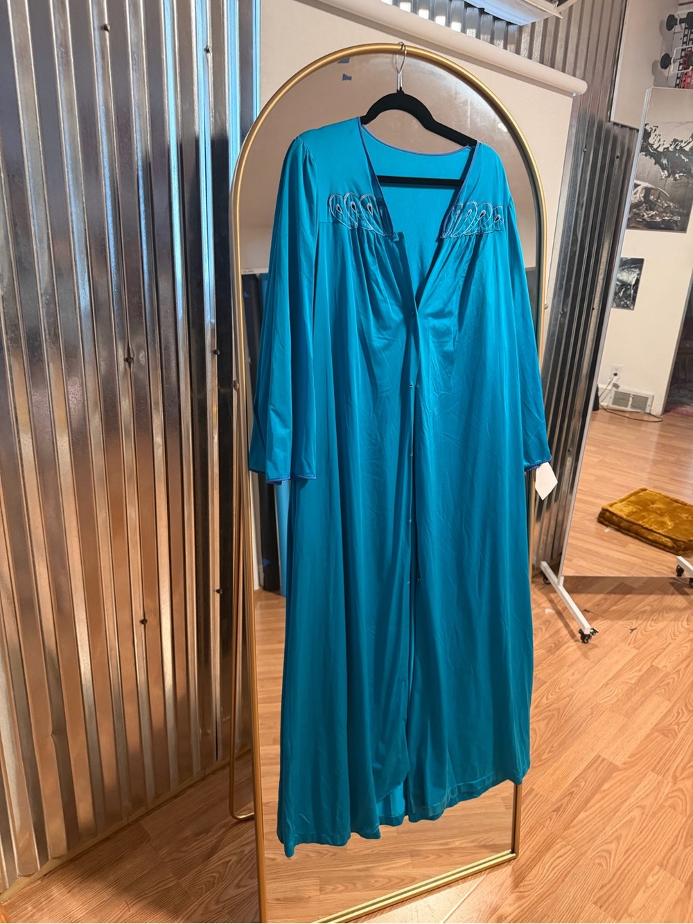 Vintage Teal Long Satin Robe with Embroidered Yoke